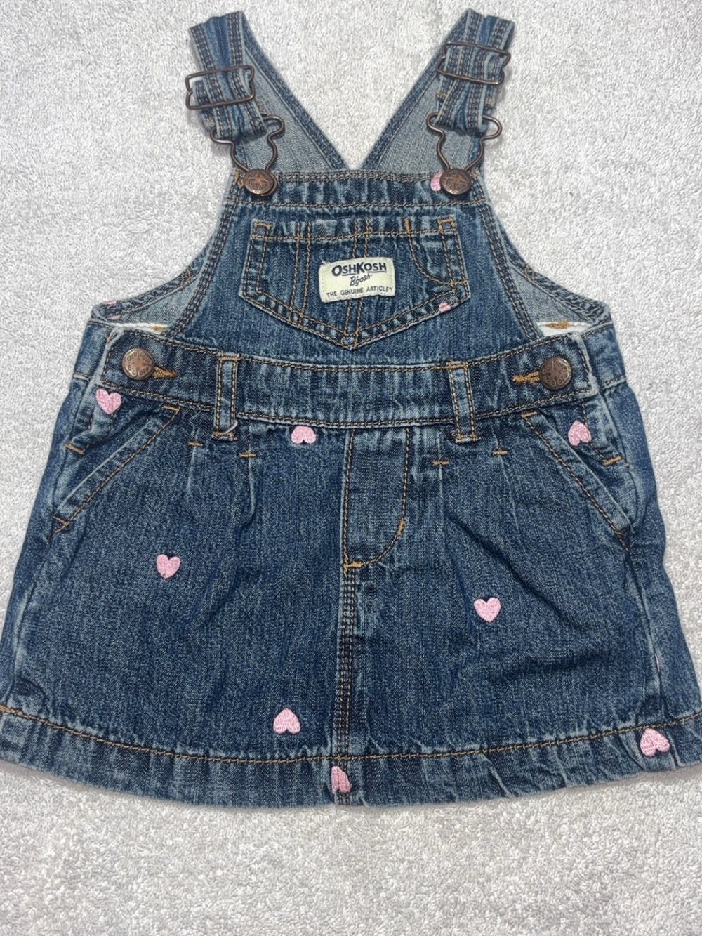 OshKosh B'gosh Denim Overall Dress with Pink Heart Embroidery